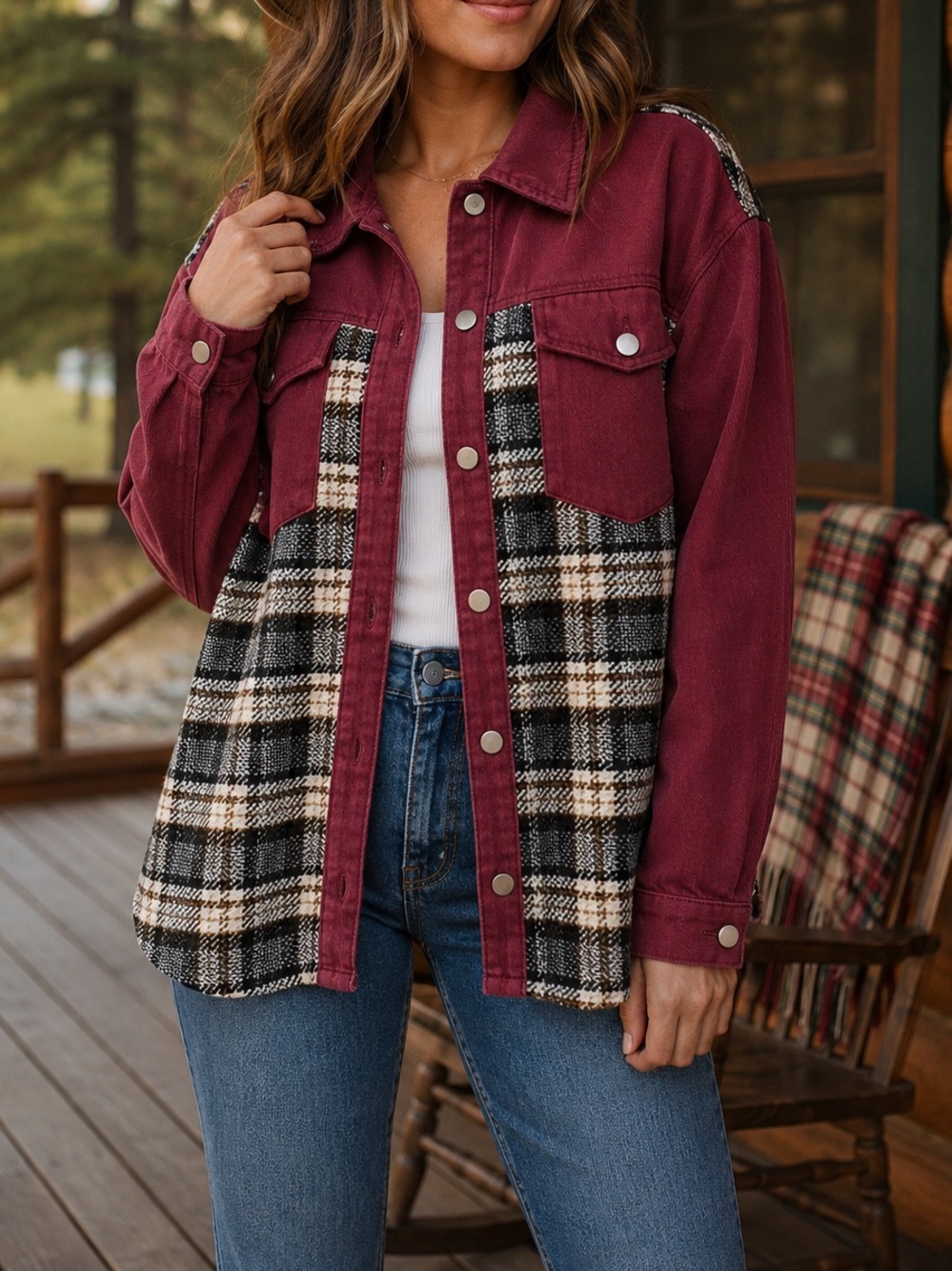 Comfortably U Boutique Burgundy Plaid Colorblock Shacket Jacket Snap Front Large